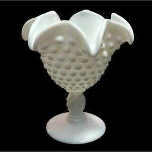Vintage Fenton Hobnail Milk Glass Crimped Edge Compote Candy Trinket Dish